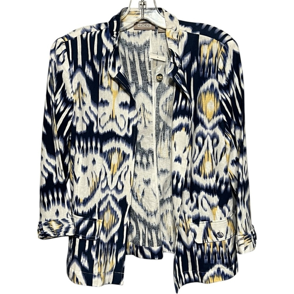 Chico’s Linen Blend Ikat Jacket Blue Yellow Relaxed Fit 3/4 Sleeve Small